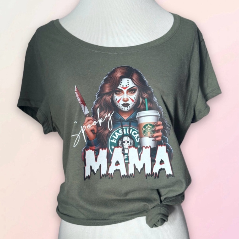 Spooky Mama, Coffee & Halloween Theme, Retro Fitted Tee